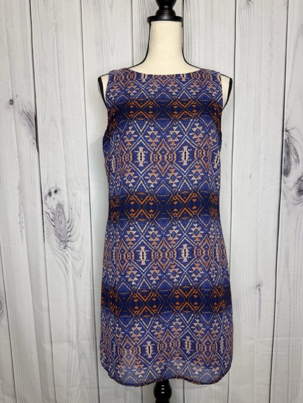 A. Byer Women's Dress Size M Navy Blue Orange Lined Criss Cross Back